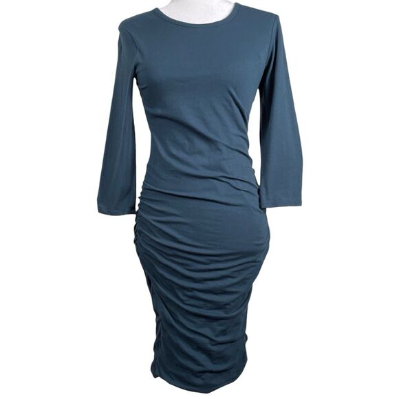 JAMES PERSE Double Shirred Skinny Dress Size 2 Medium Green 3/4 Sleeve EUC - Picture 1 of 16